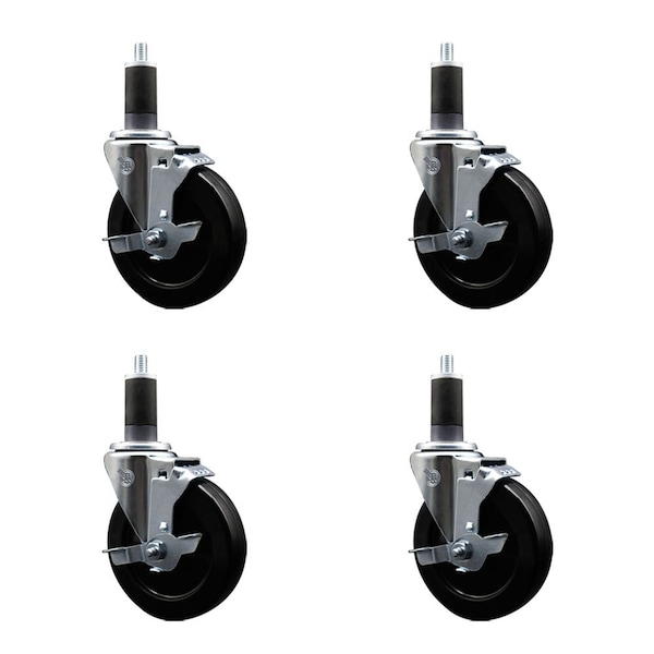 5'' Hard Rubber Swivel 1-1/4'' Expanding Stem Caster Set with Brake, 4PK